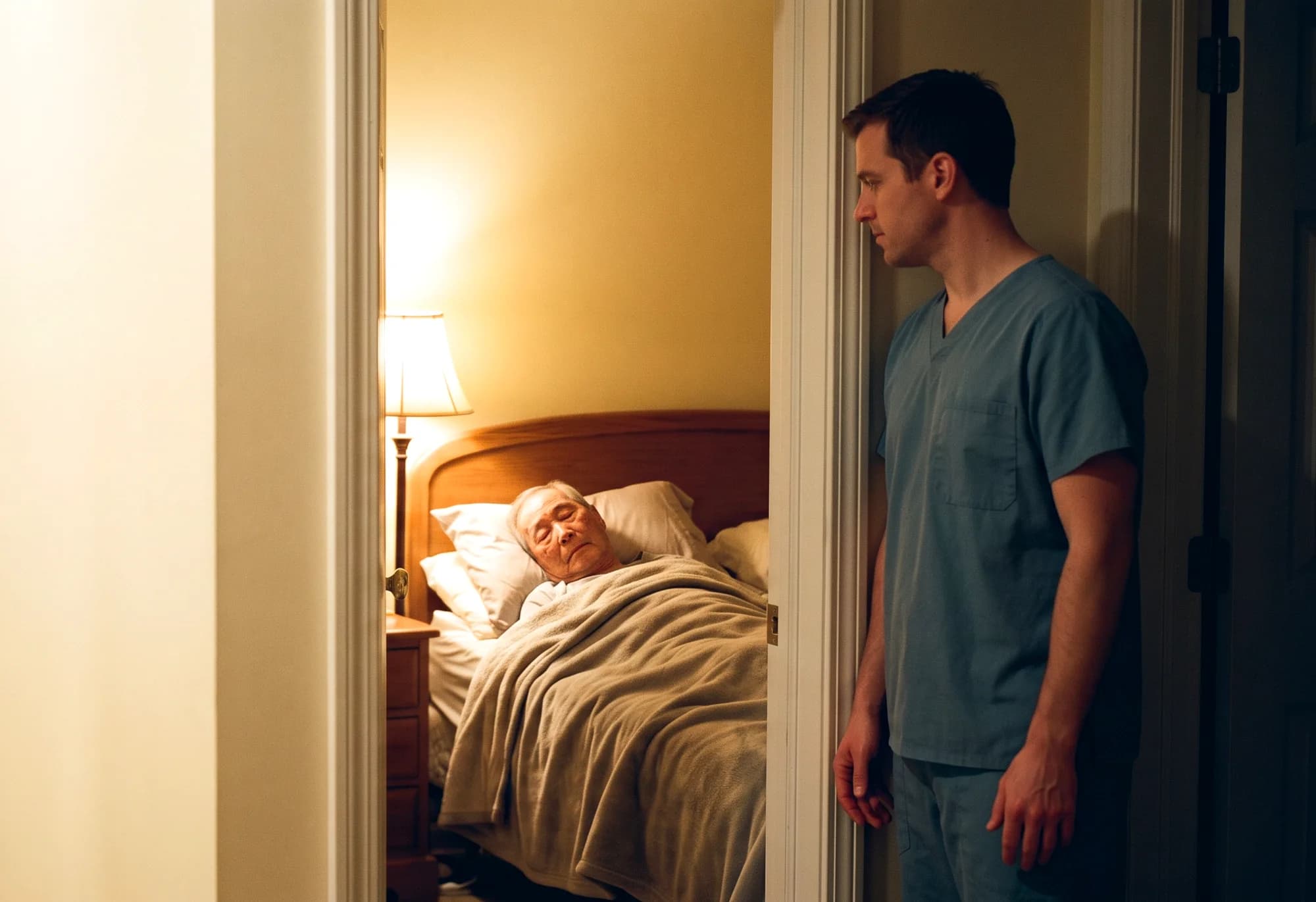 A caregiver standing in a hallway doorway checking on an older man asleep in bed