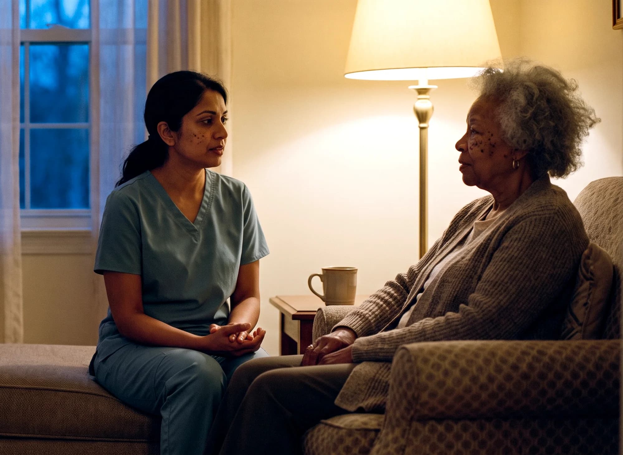 A caregiver sitting with an older woman in a living room at dusk
