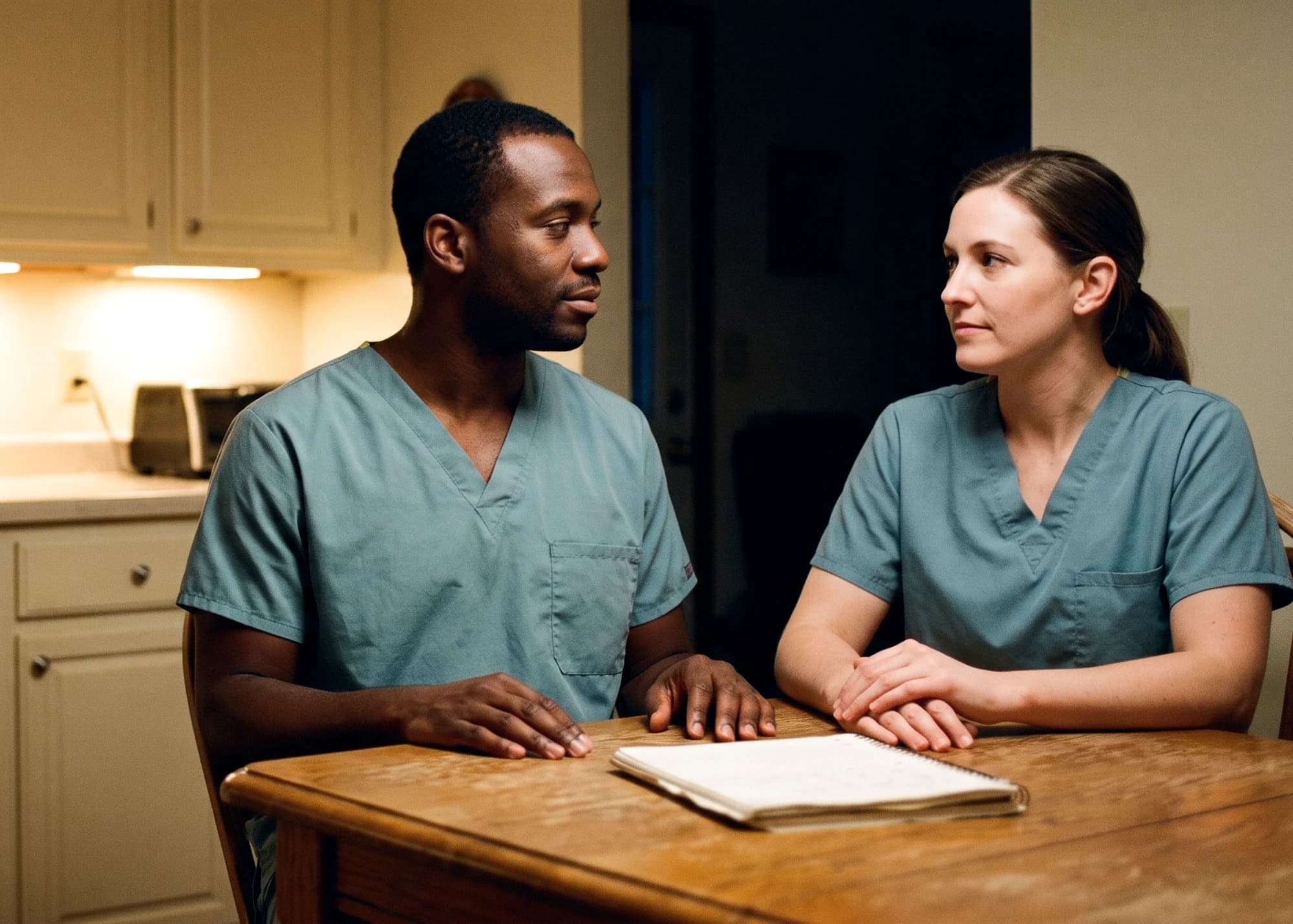 Two caregivers at a kitchen table during a quiet overnight shift handoff
