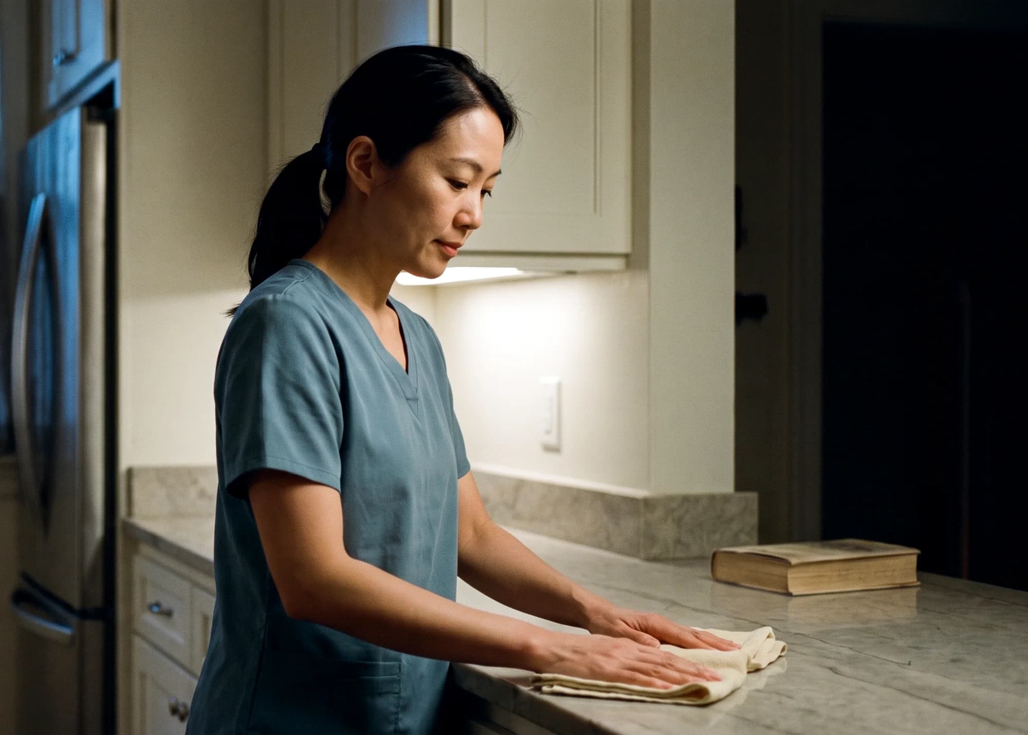 A caregiver wiping down a kitchen counter during a quiet overnight shift