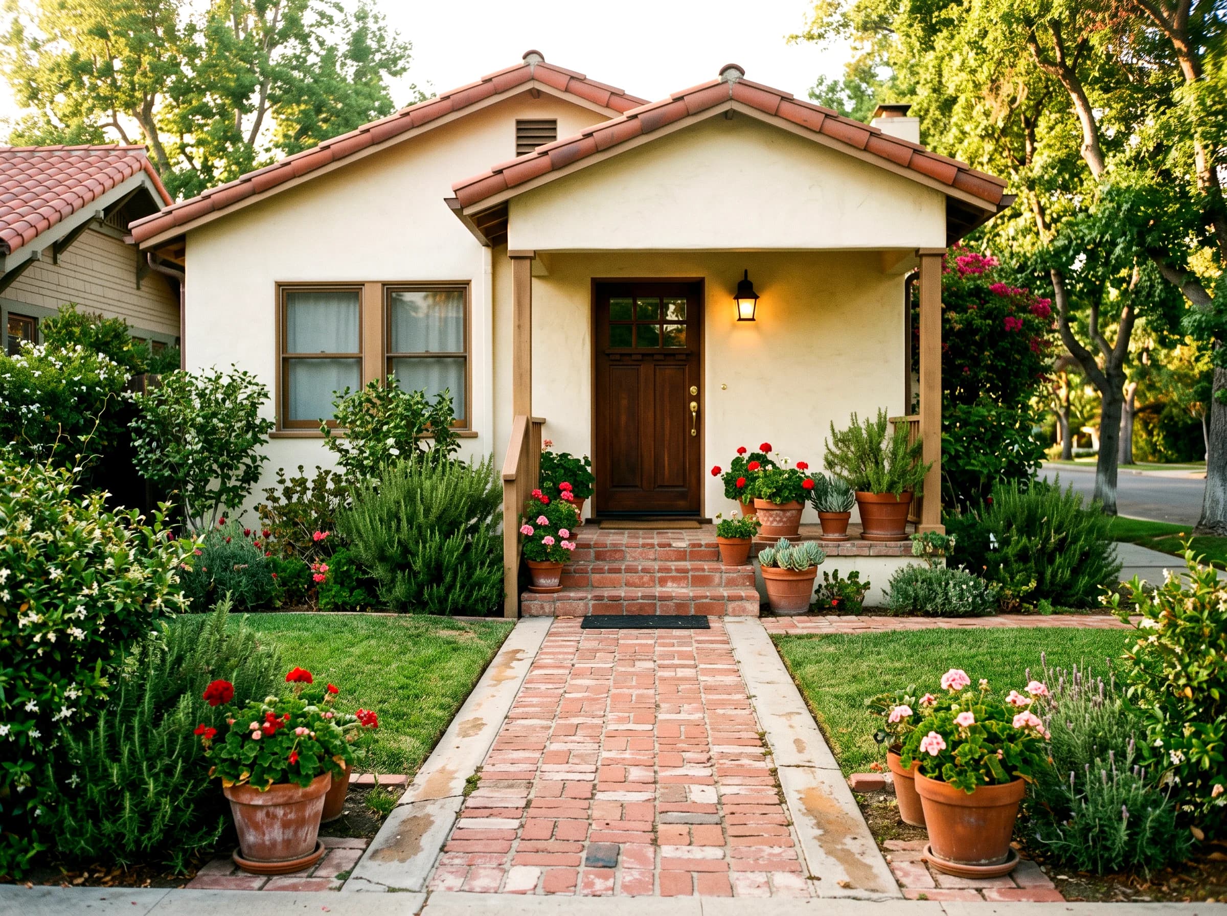 A brick path leading to the front door of a South Bay bungalow