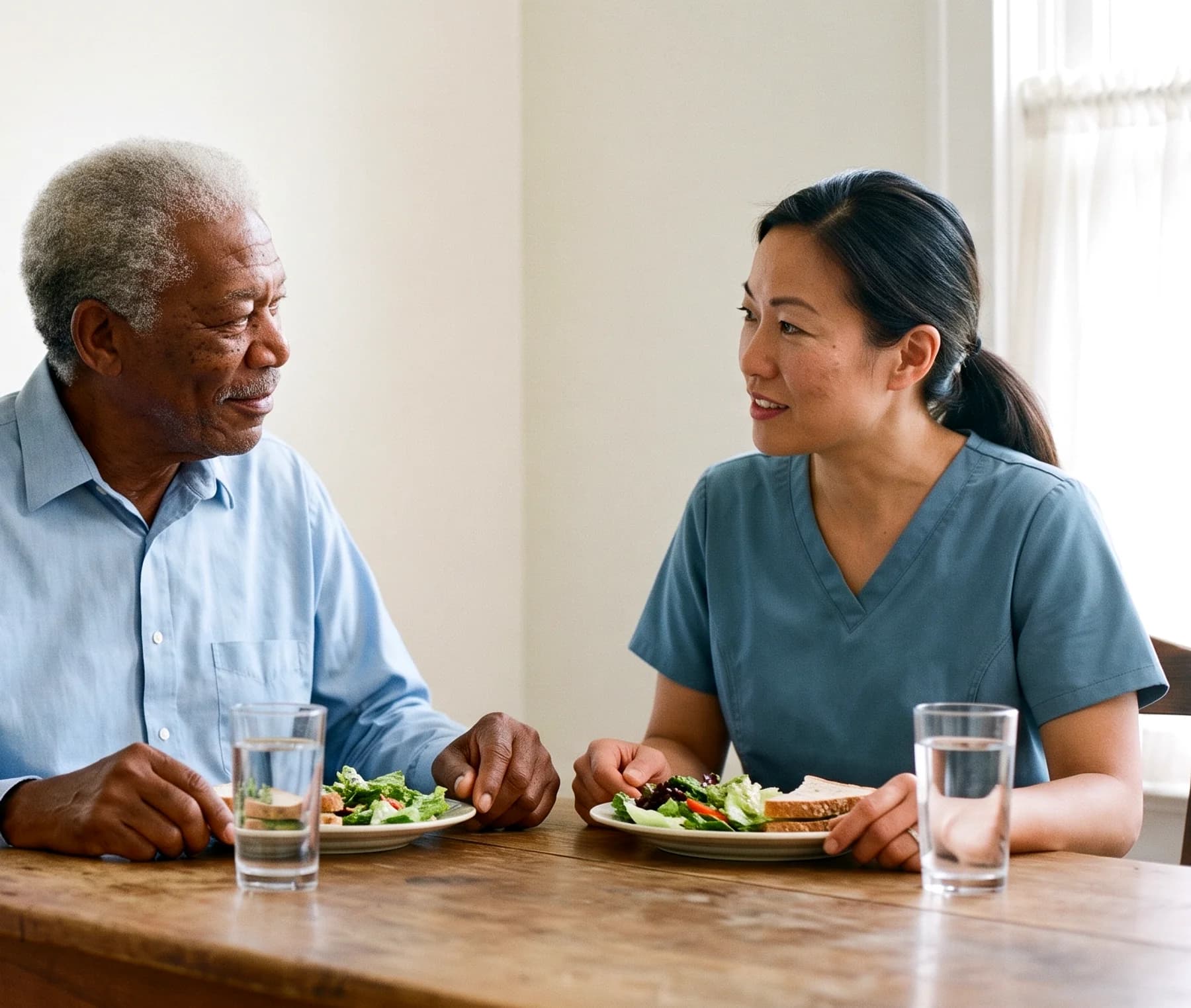 A caregiver sharing lunch at the kitchen table with an older man