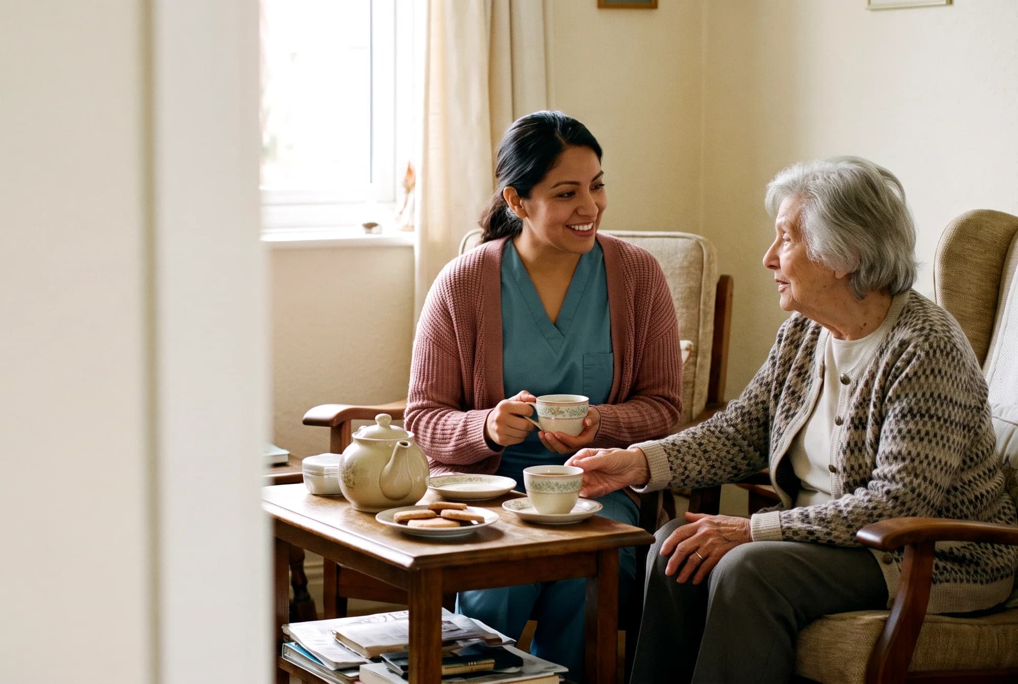 A caregiver and an older woman talking over a teapot and cups at home