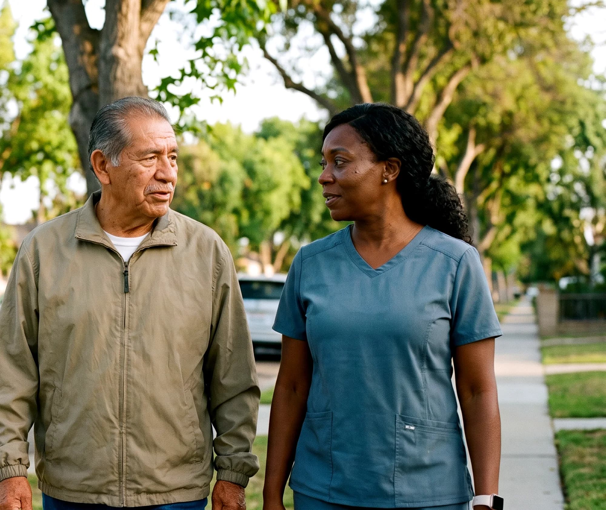 A caregiver walking with an older man on a residential sidewalk