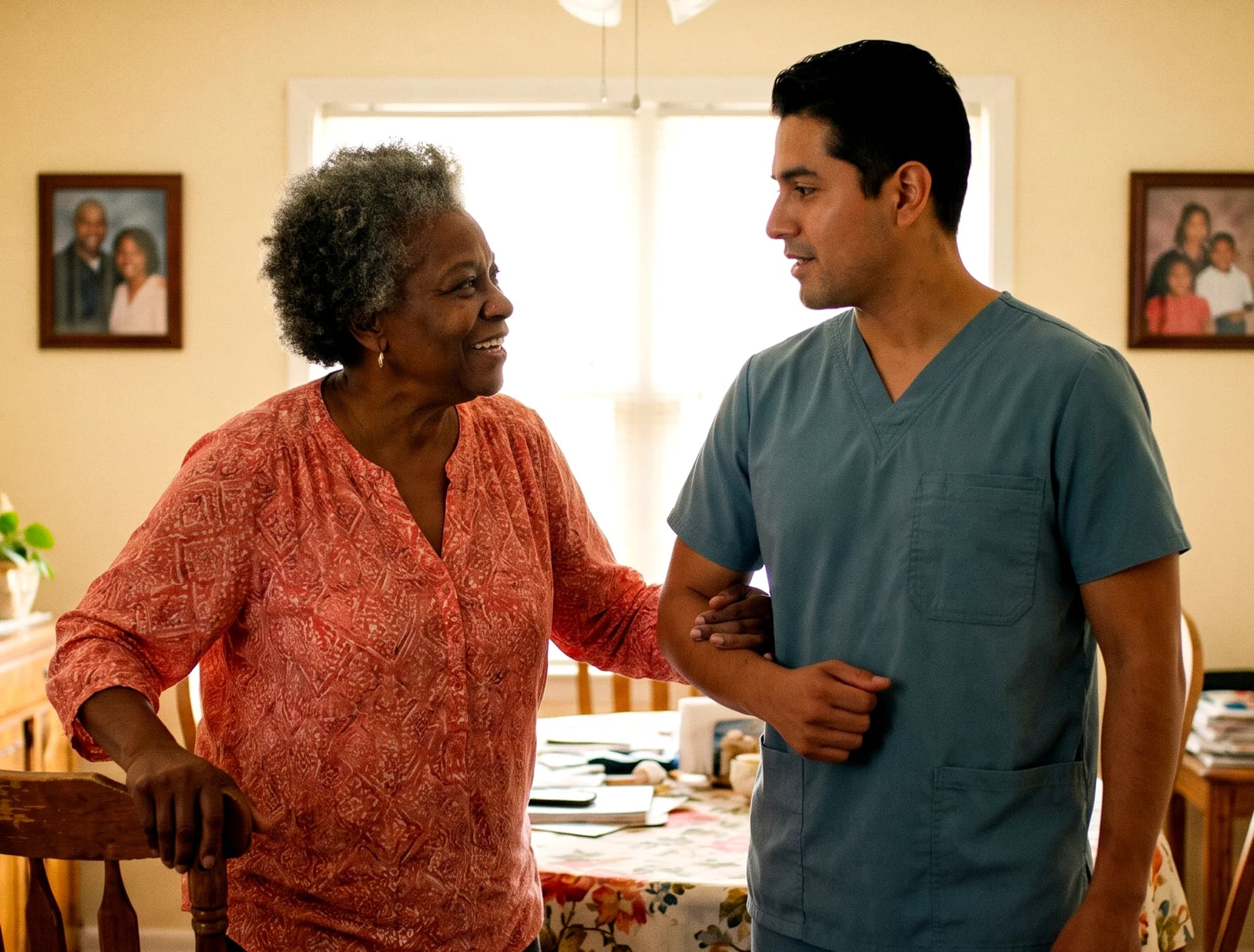 A caregiver offering his arm as an older woman stands from a dining chair