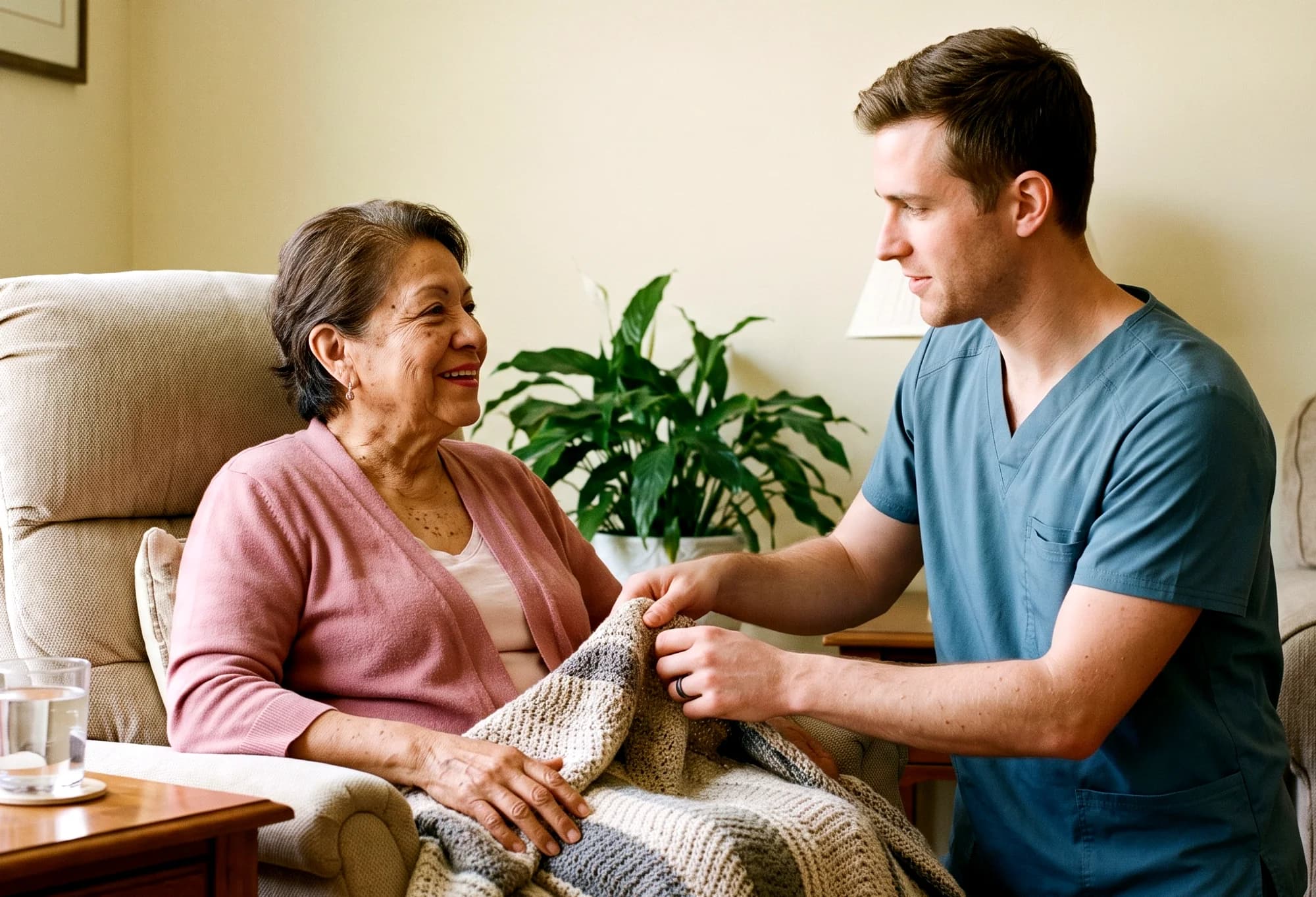 A caregiver settling a blanket over an older woman in a recliner at home