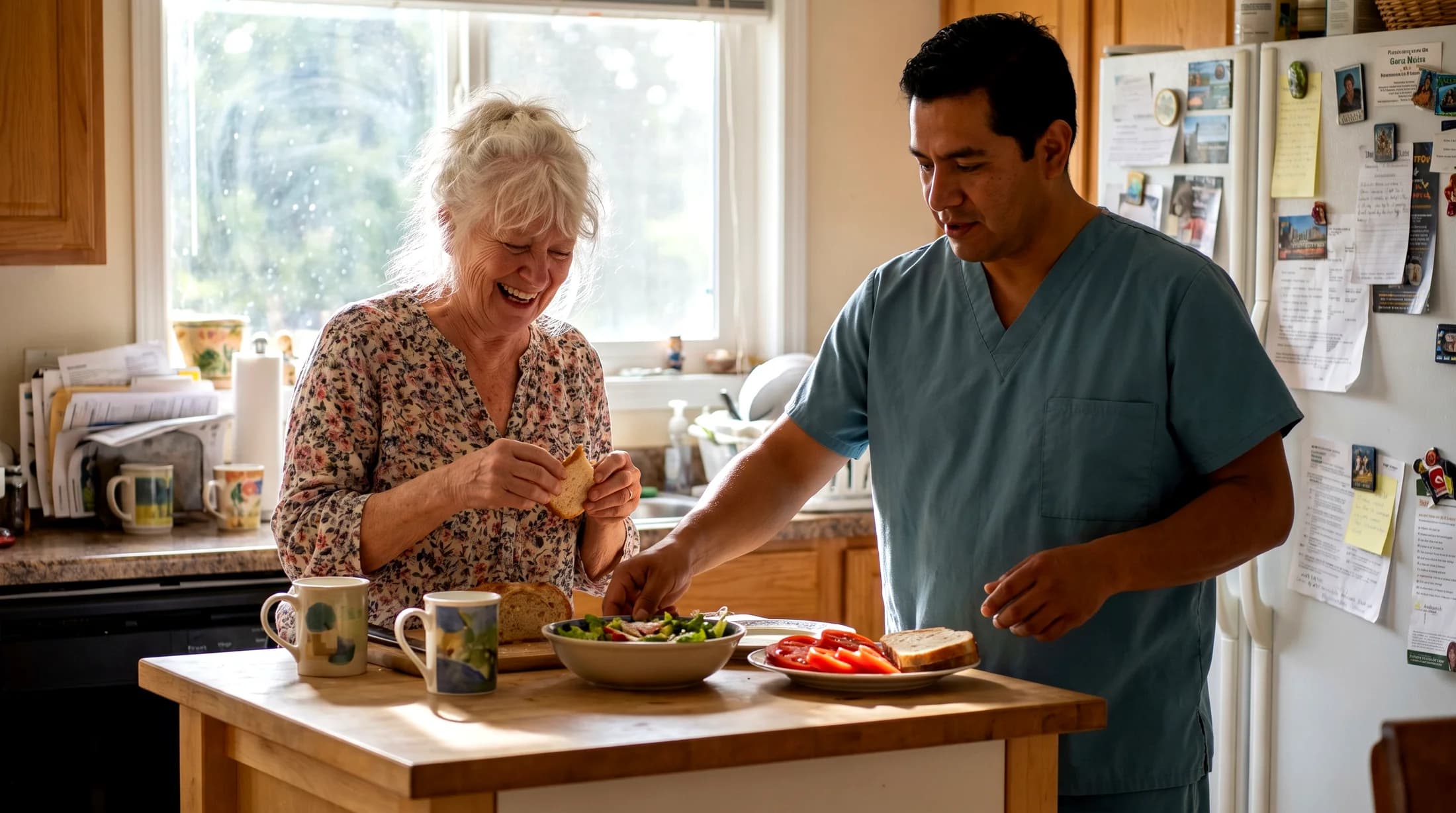 A caregiver in a teal uniform preparing lunch with an older woman in a home kitchen