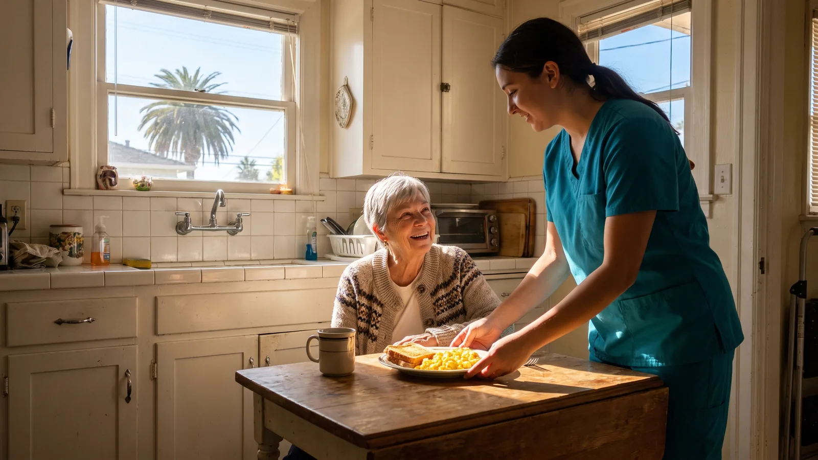 A caregiver in a teal scrub top serving breakfast to a smiling older woman in a sunny South Bay bungalow kitchen