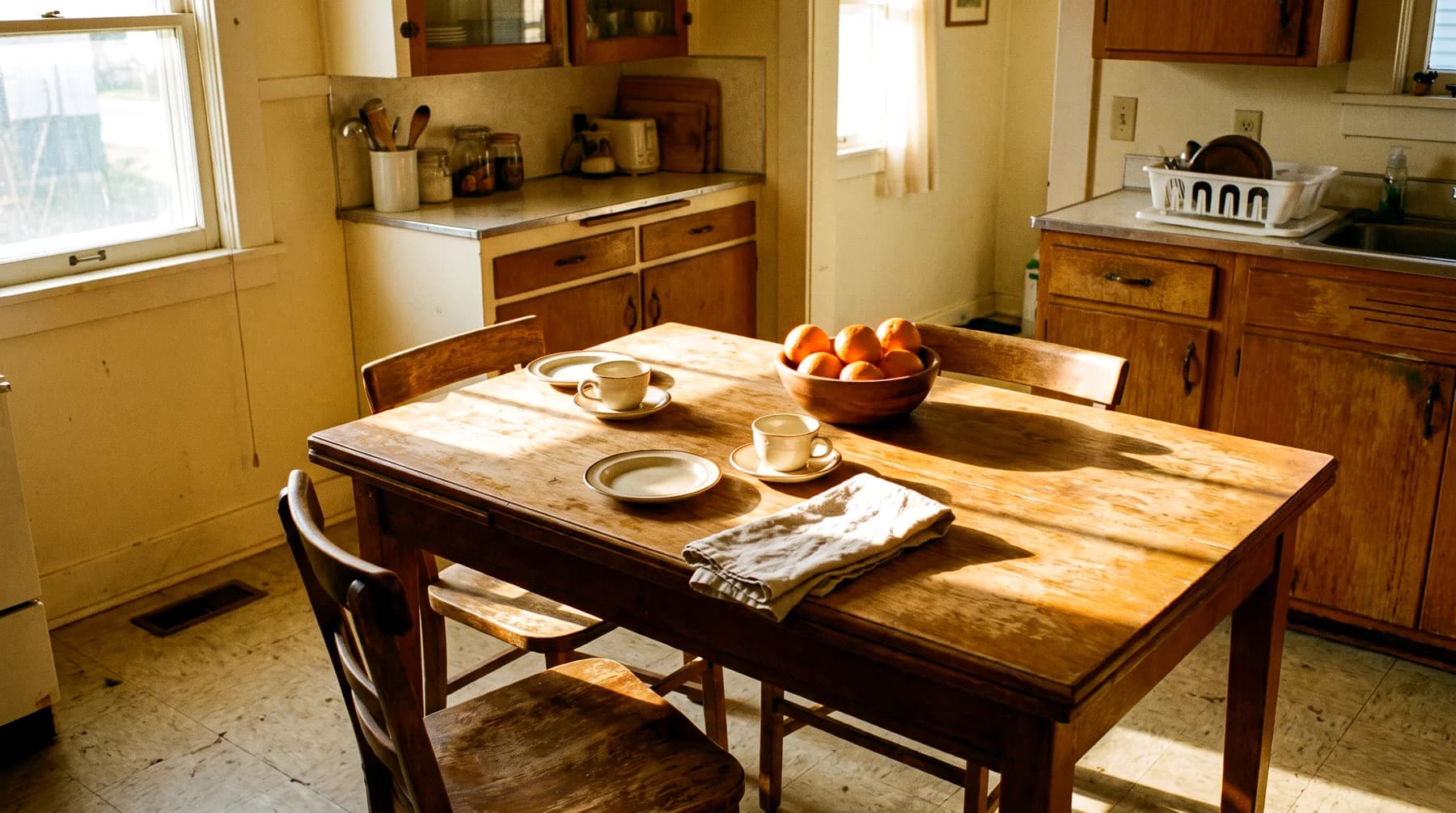 A sunlit kitchen table set for tea, with two empty chairs and a bowl of oranges