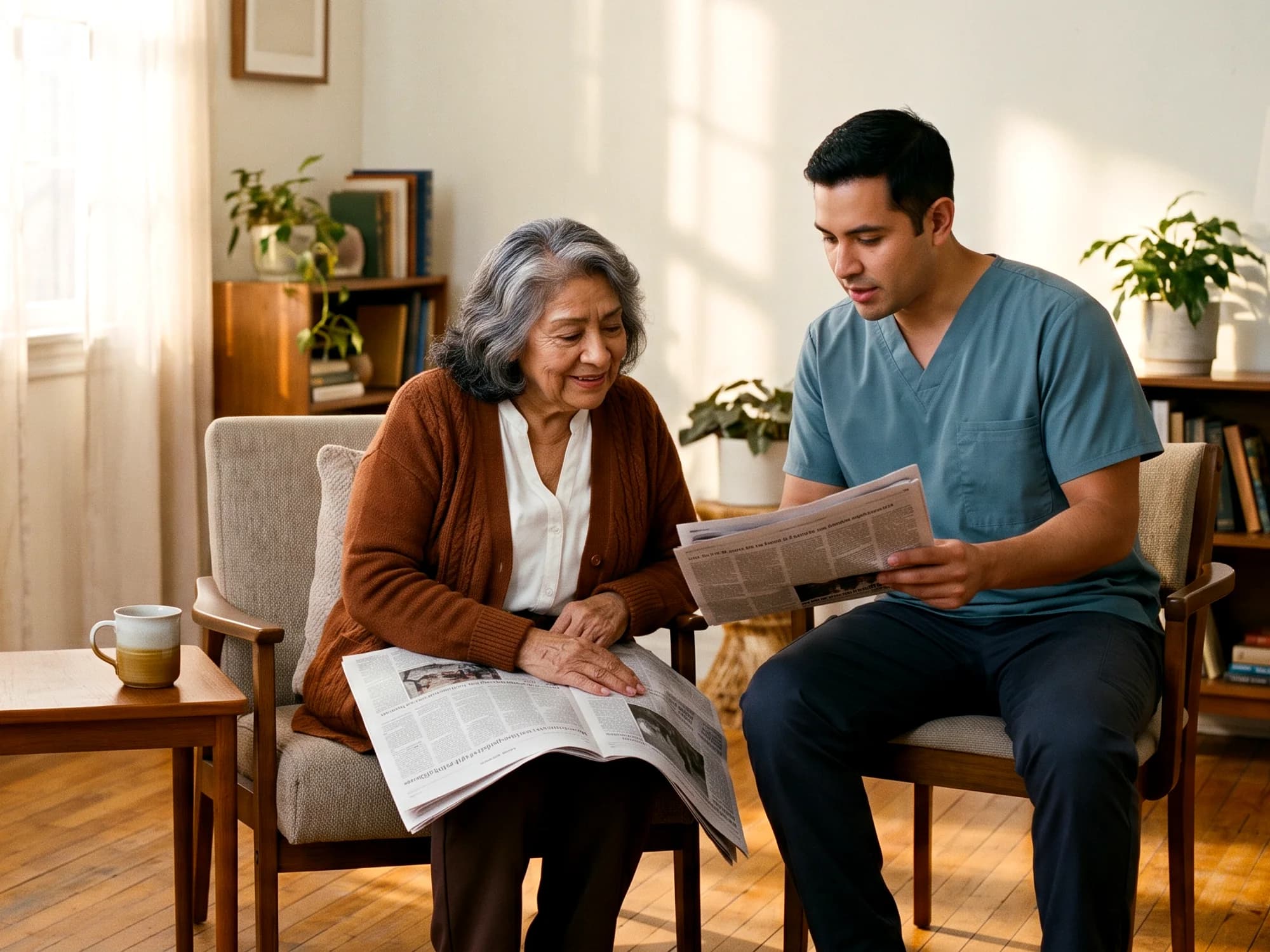 A caregiver reading the newspaper with an older woman on a calm afternoon at home