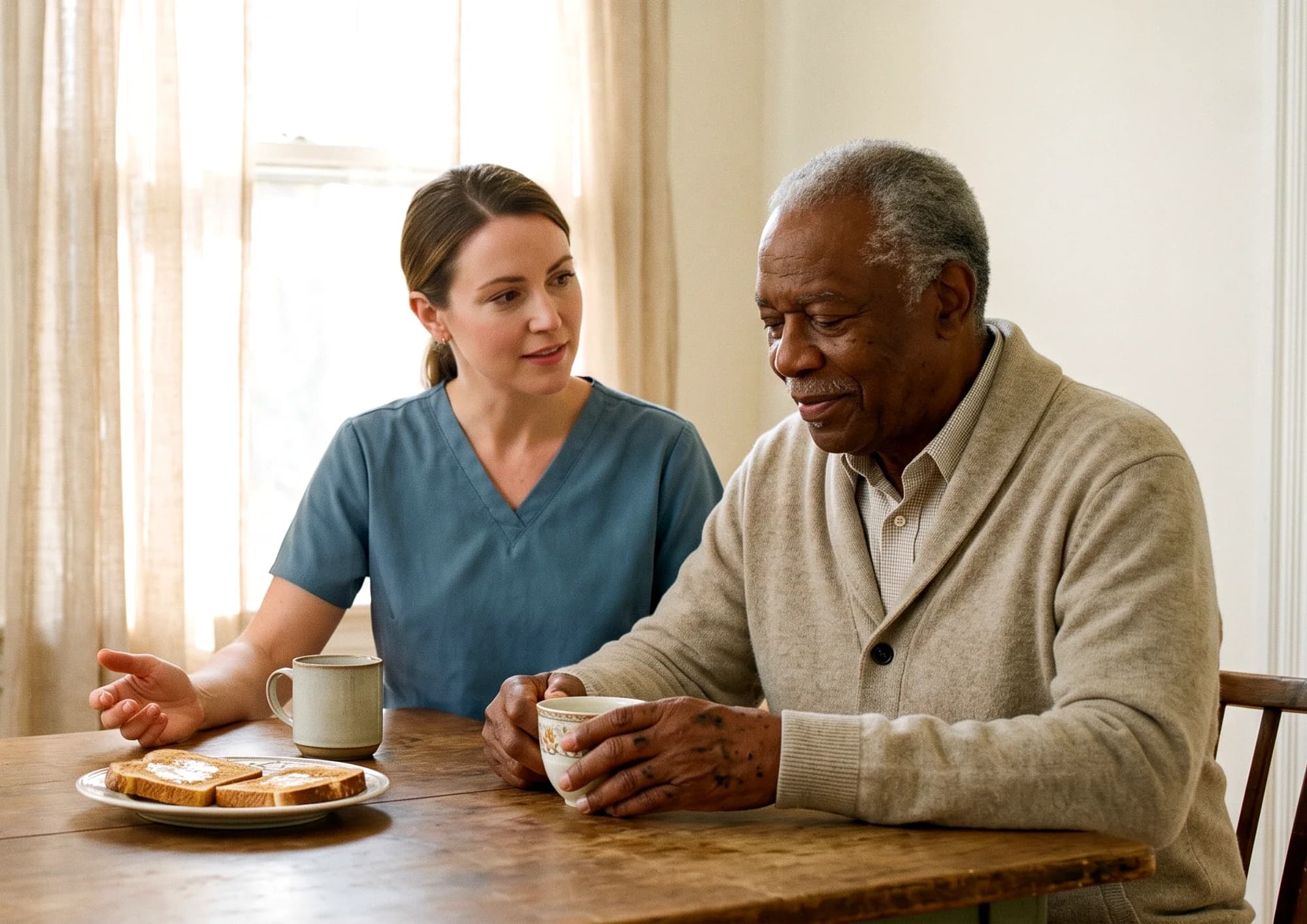 A caregiver sitting with an older man over tea and toast at his dining table