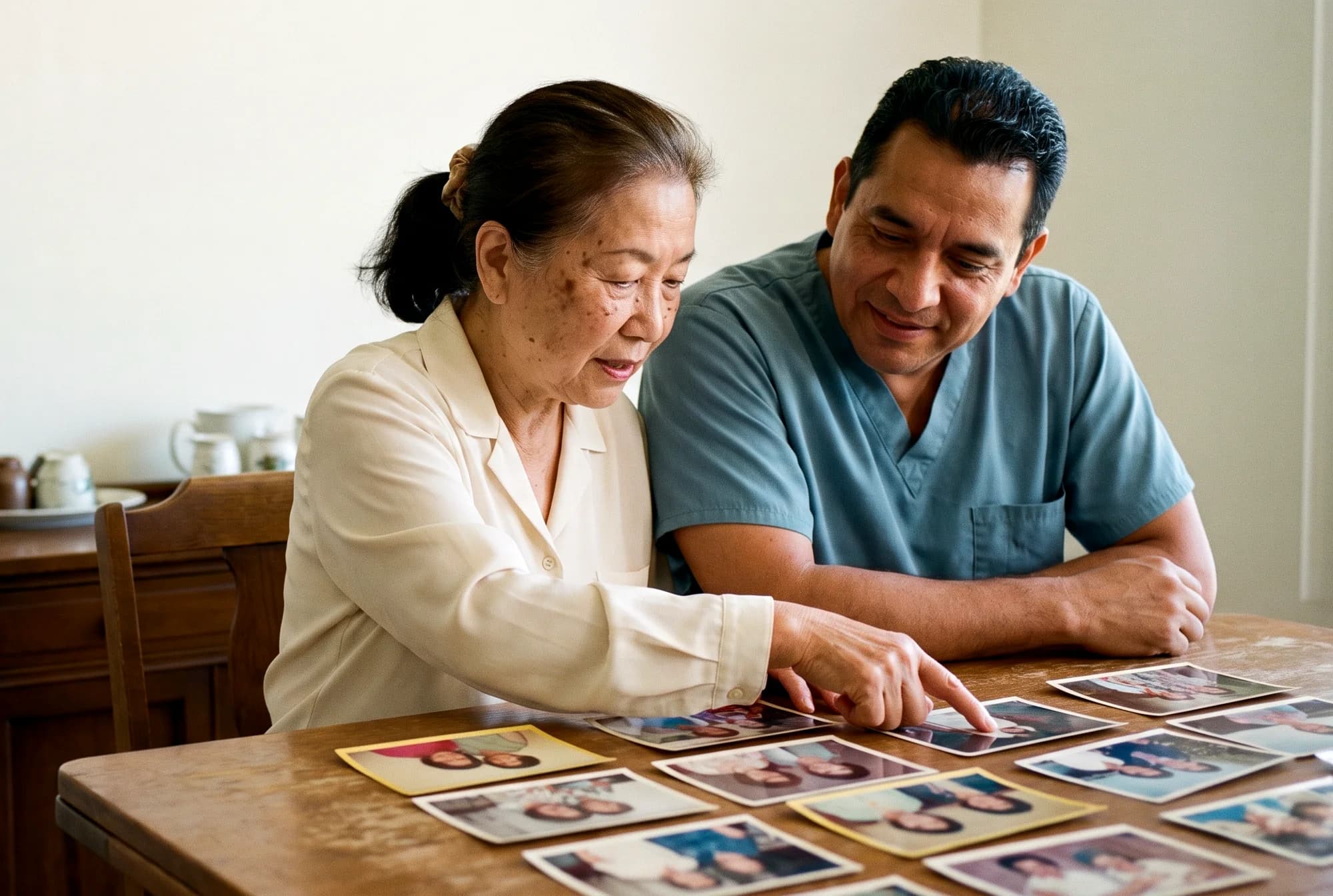A caregiver looking through printed family photographs with an older woman at her dining table