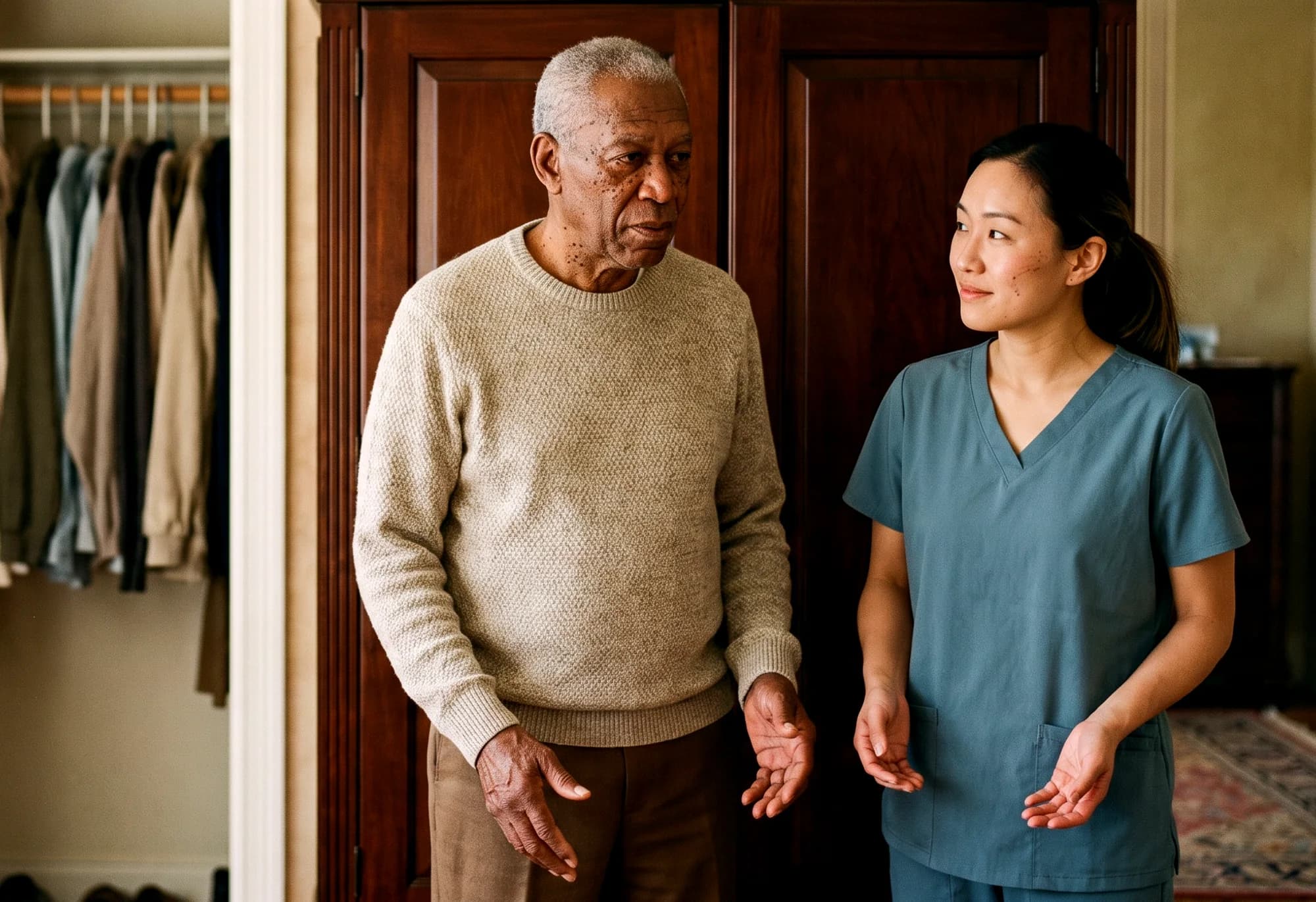 A caregiver standing with an older man beside an open wardrobe at home