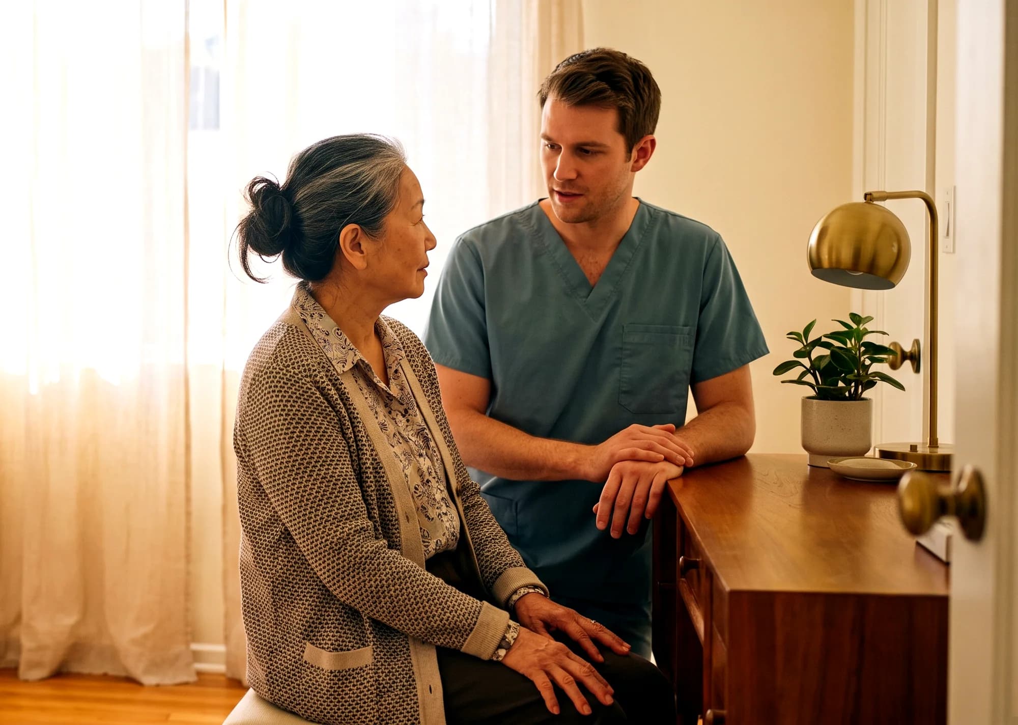 A caregiver in teal scrubs talking with an older woman at her bedroom vanity