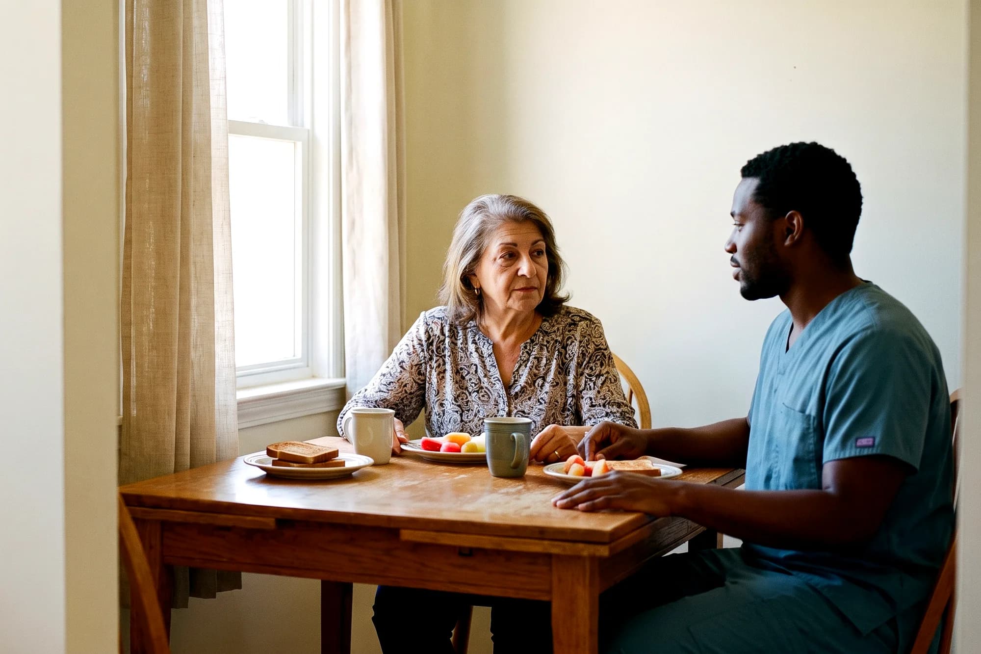A caregiver and an older woman sitting at a kitchen table with breakfast plated