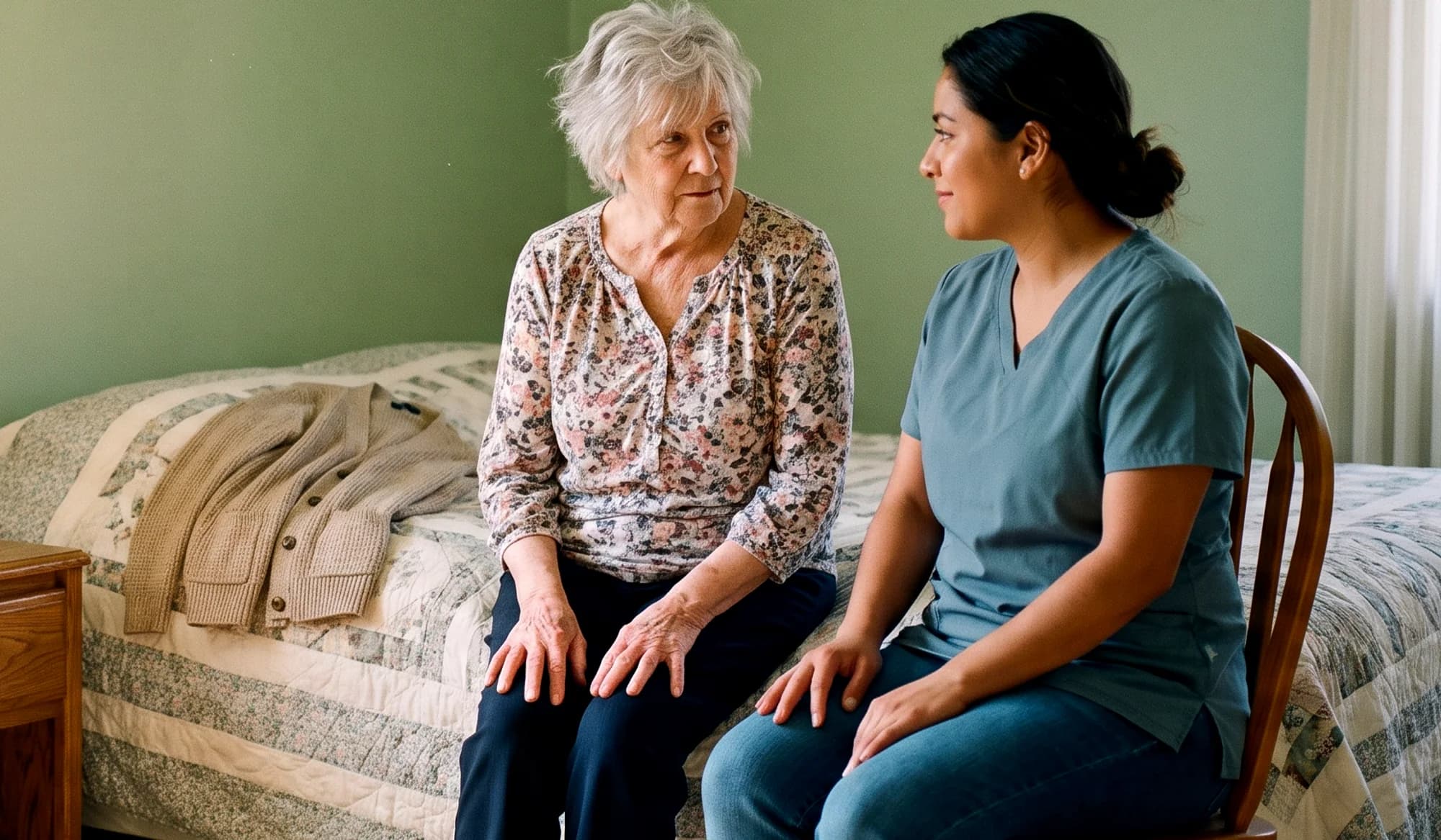 A caregiver sitting with an older woman on the edge of a made bed in morning light