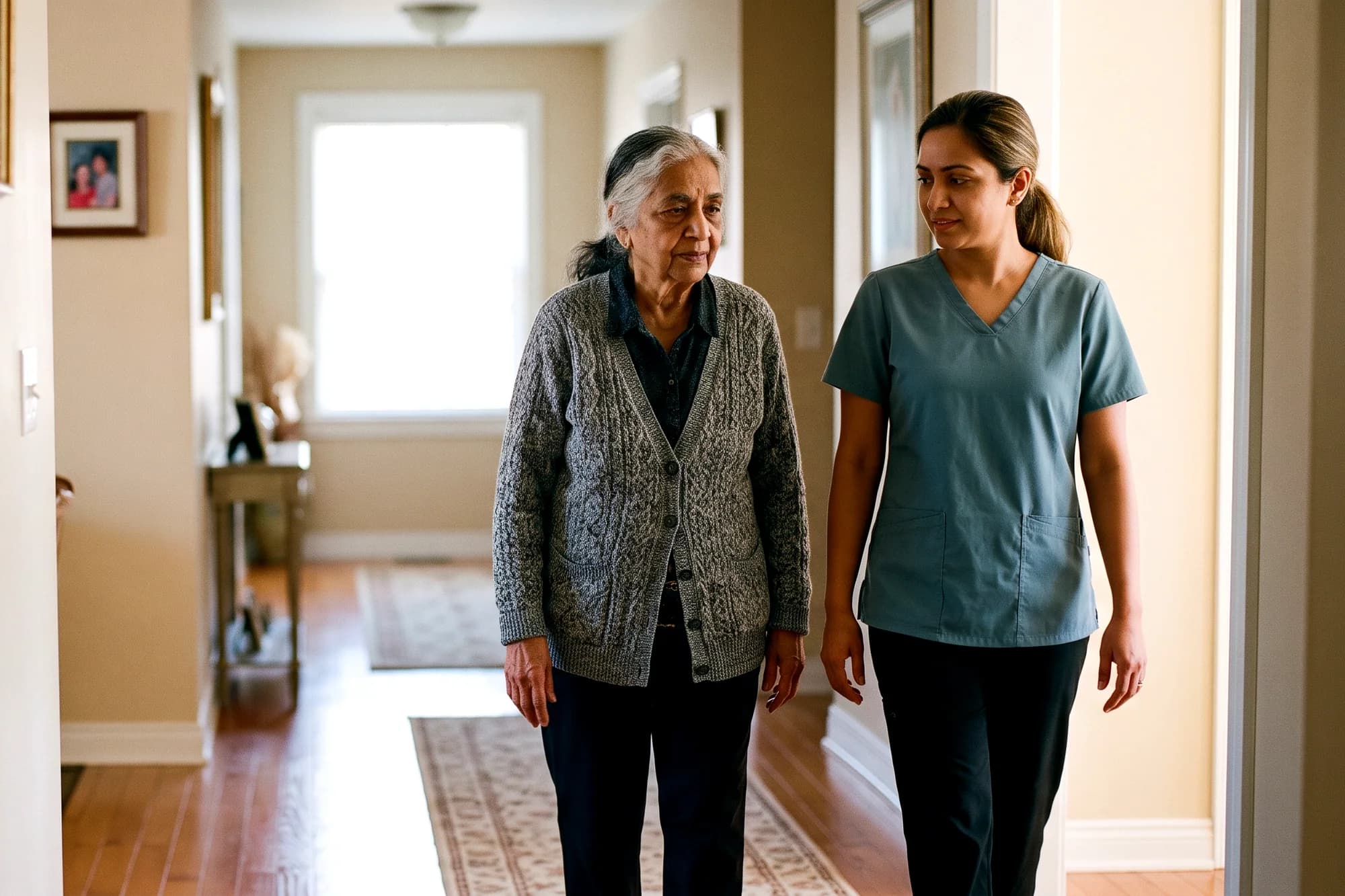 A caregiver walking beside an older woman down a sunlit home hallway