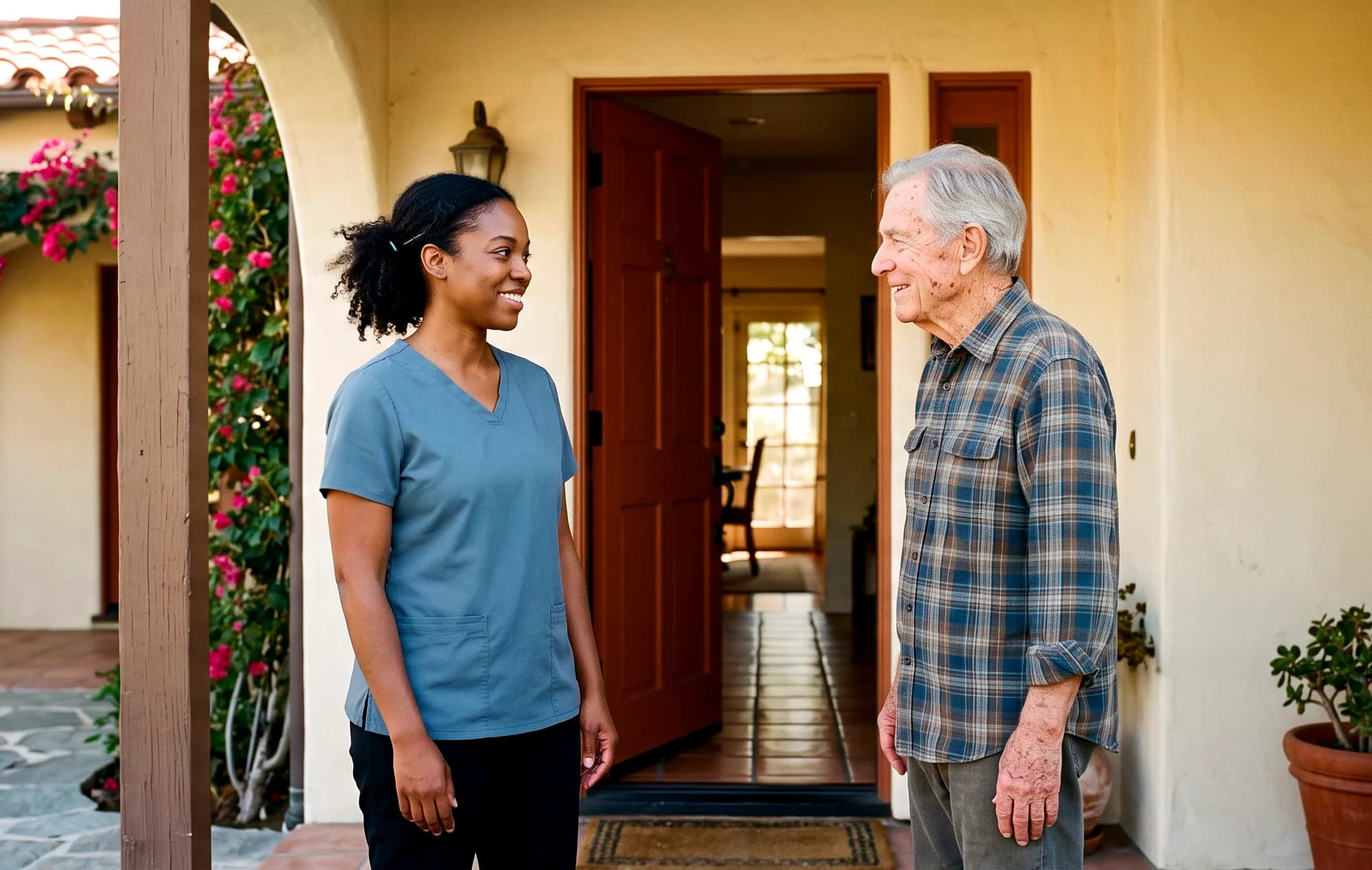 A caregiver arriving at the front door of a South Bay home
