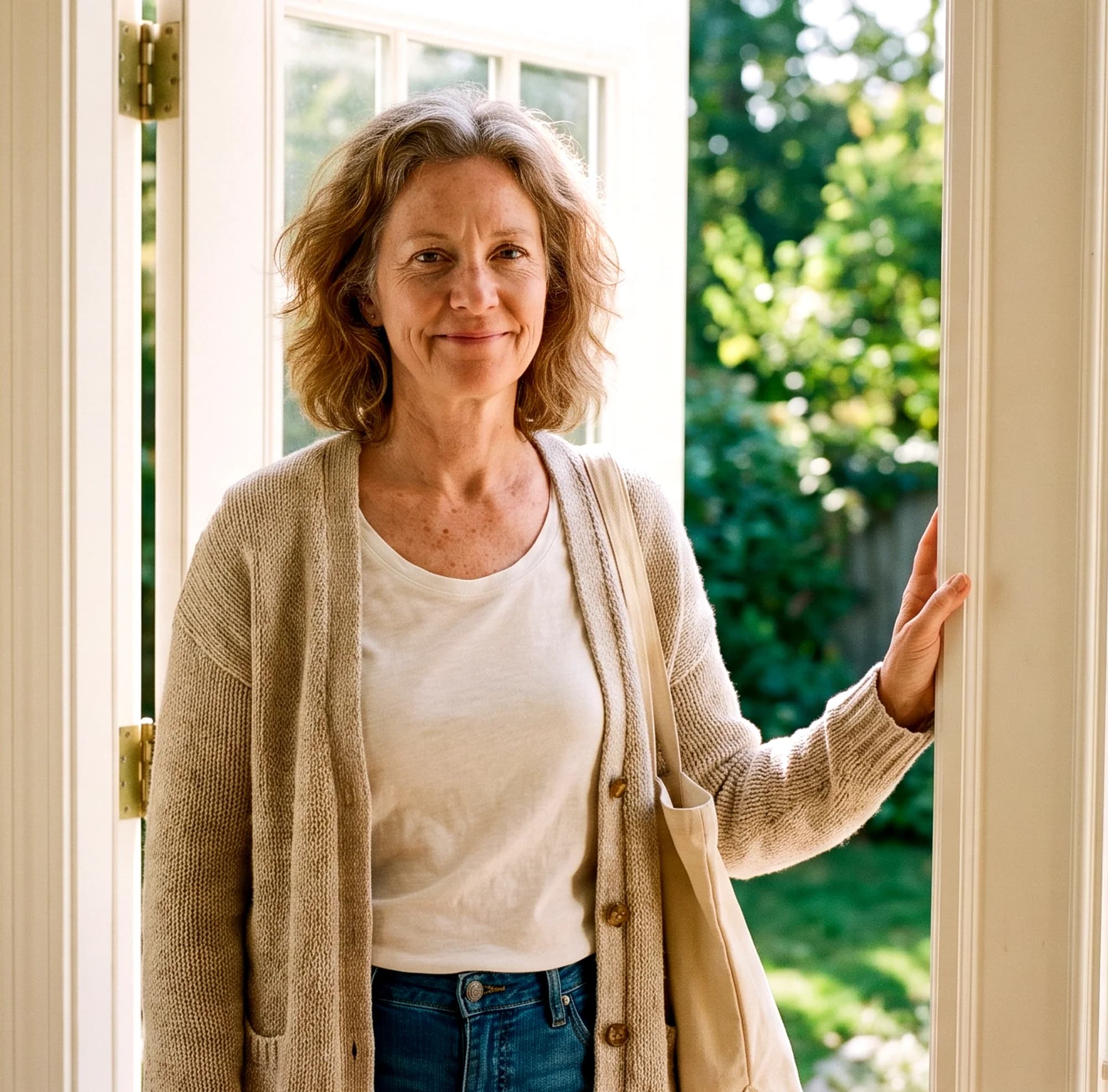 A family caregiver standing at open garden doors with a tote bag, ready for an afternoon out